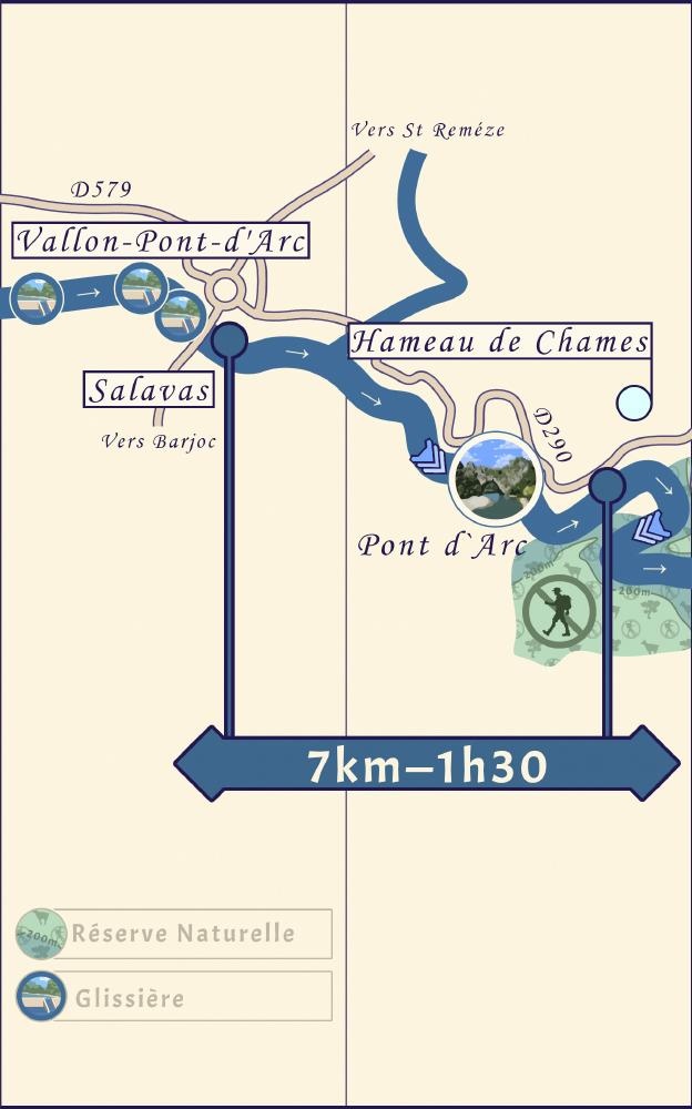 Plan de la descente de Vallon Pont d'Arc à Chames.
