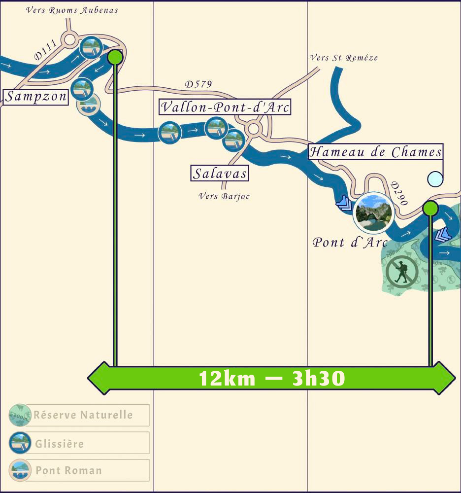 Carte de la descente de 12km de Sampzon à Chames, au départ de Vallon Pont d'Arc.