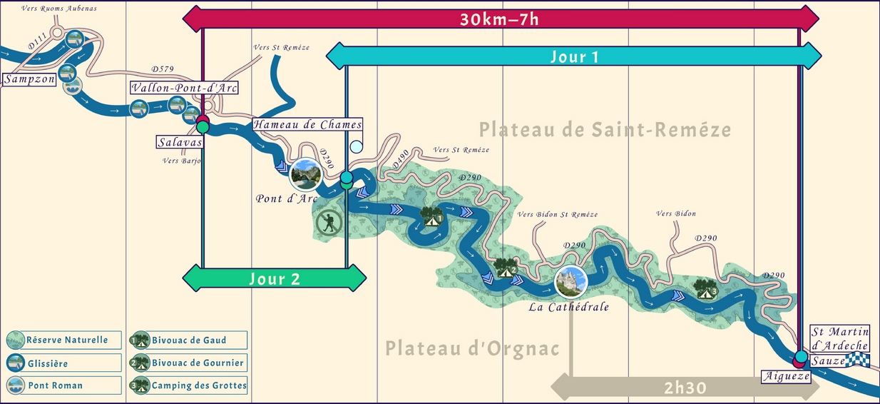 Carte de la descente de l'Ardèche en deux jours, en Canoë kayak de Vallon Pont d'Arc à Sauze nuit hors bivouac, programme 1.