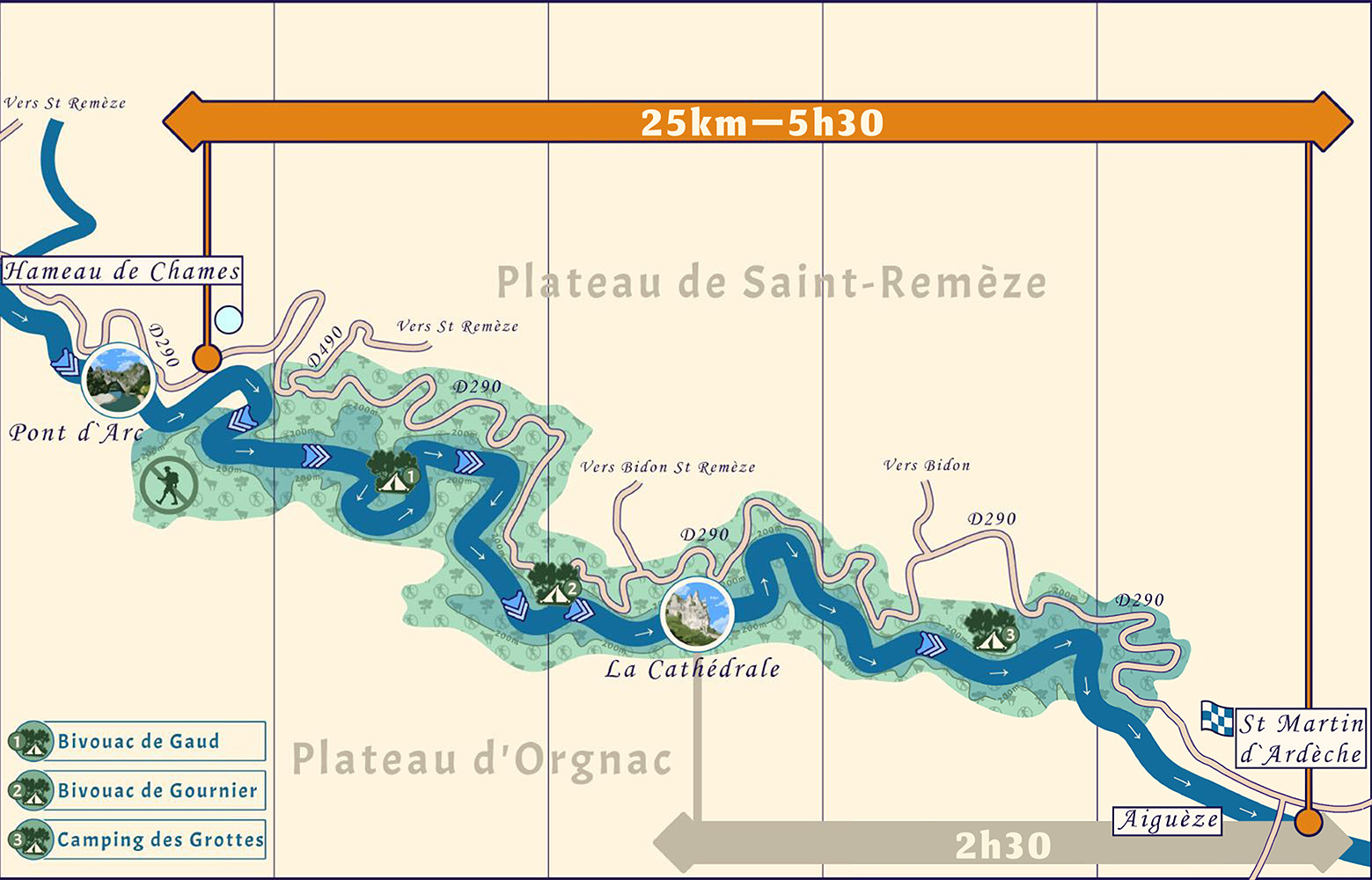 Carte de la descente en Canoë Kayak de Chames à Saint Martin d'Ardèche