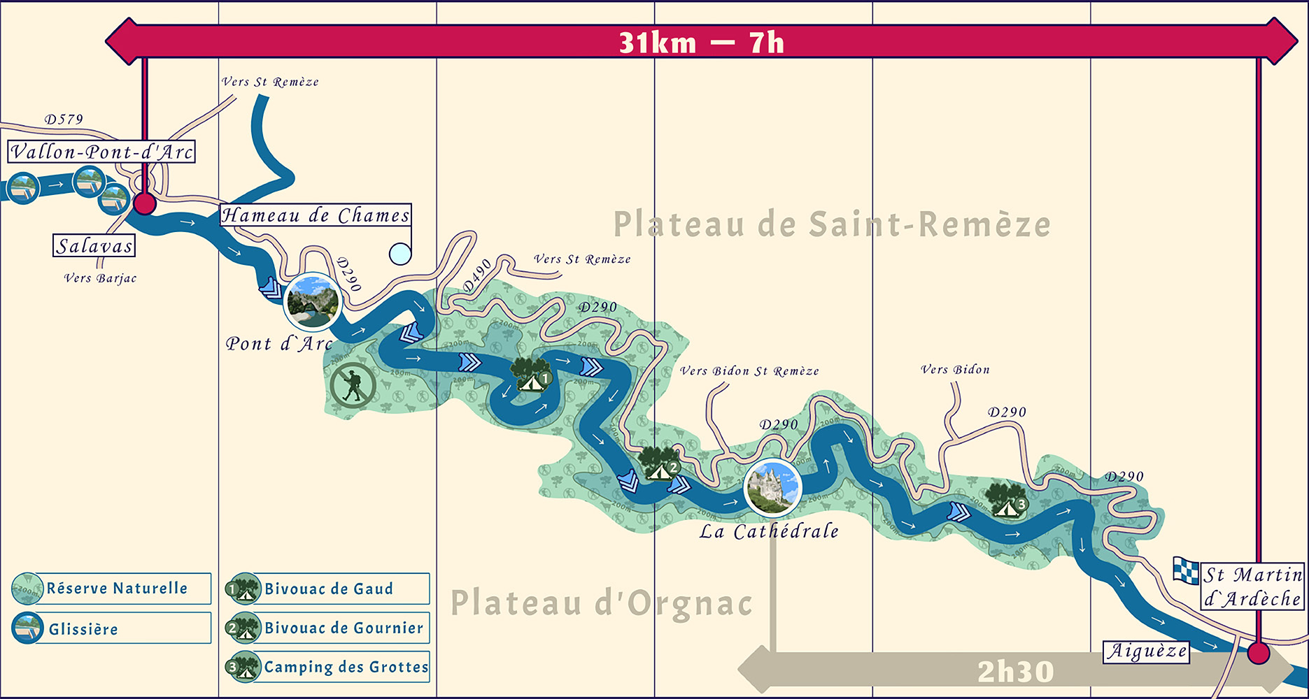 Carte de la descente en canoë-kayak de Vallon Pont d'Arc à Saint Martin