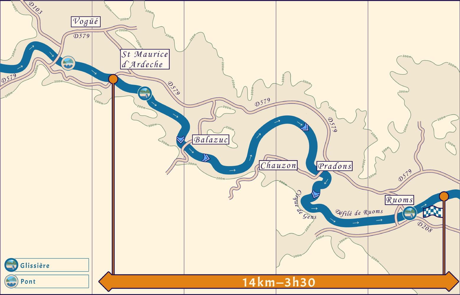 Carte de la descente de l'Ardèche en Canoë Kayak entre Saint Maurice d'Ardèche et Ruoms.