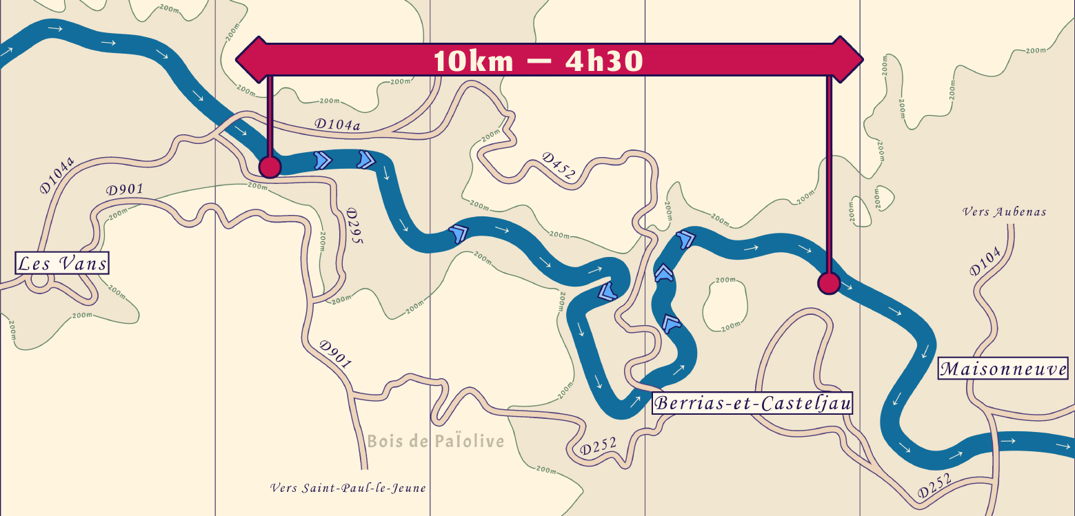 Carte de la descente du Chassezac en Canoë Kayak entre les Vans et Chaulet