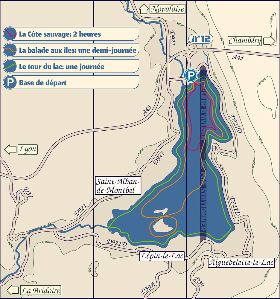Carte des randonnées faisable en canoë kayak ou paddle sur le lac d'Aiguebelette