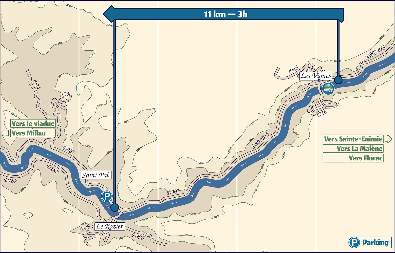 Carte de la descente du Tarn en canoë-kayak entre les Vignes et le Rozier