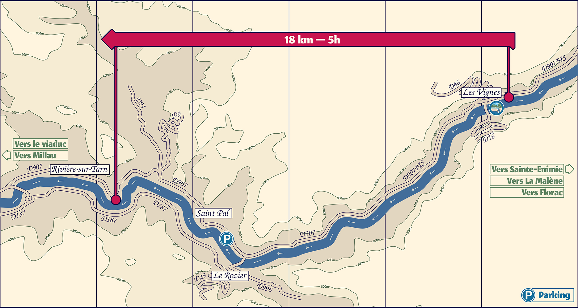 Carte de la descente du Tarn en canoë-kayak des Vignes à Peyrelade